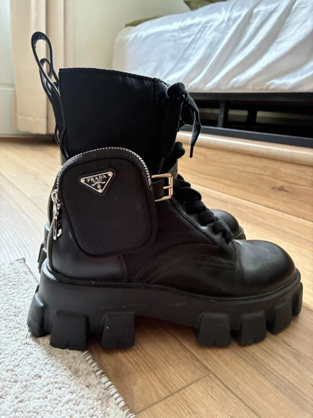 Prada Monolith Re-Nylon Combat Boots with Pouches – Size 8.5